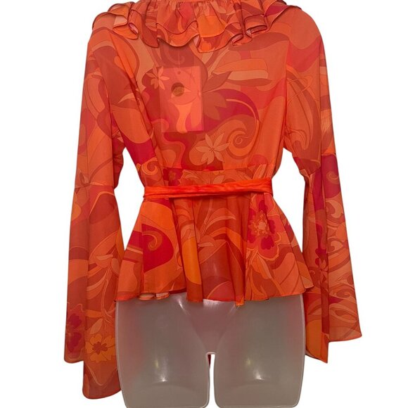 Mac Duggal R81059 Ruffle Floral Blouse XS Orange Red NWT Sample Sale - Picture 5 of 5